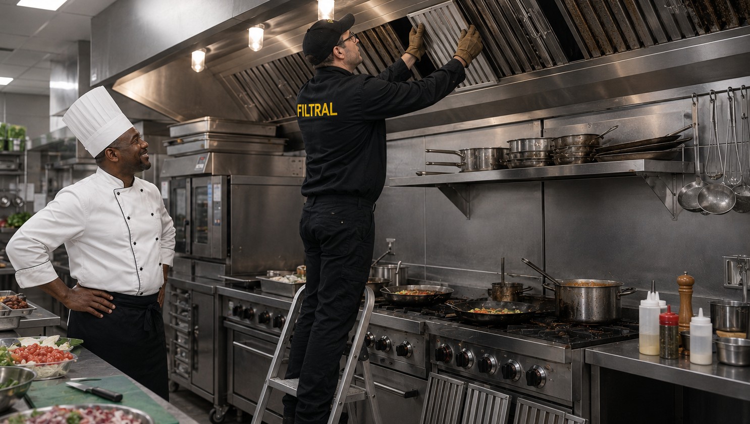 Technicien Filtral installant un filtre de hotte